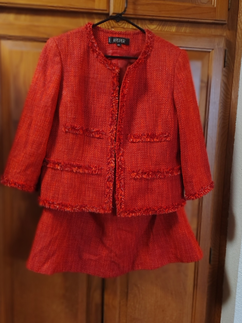 Kasper Orange/Red 2 pc Tweed Jacket Skirt Set Fringe Open Blazer 14P Petite